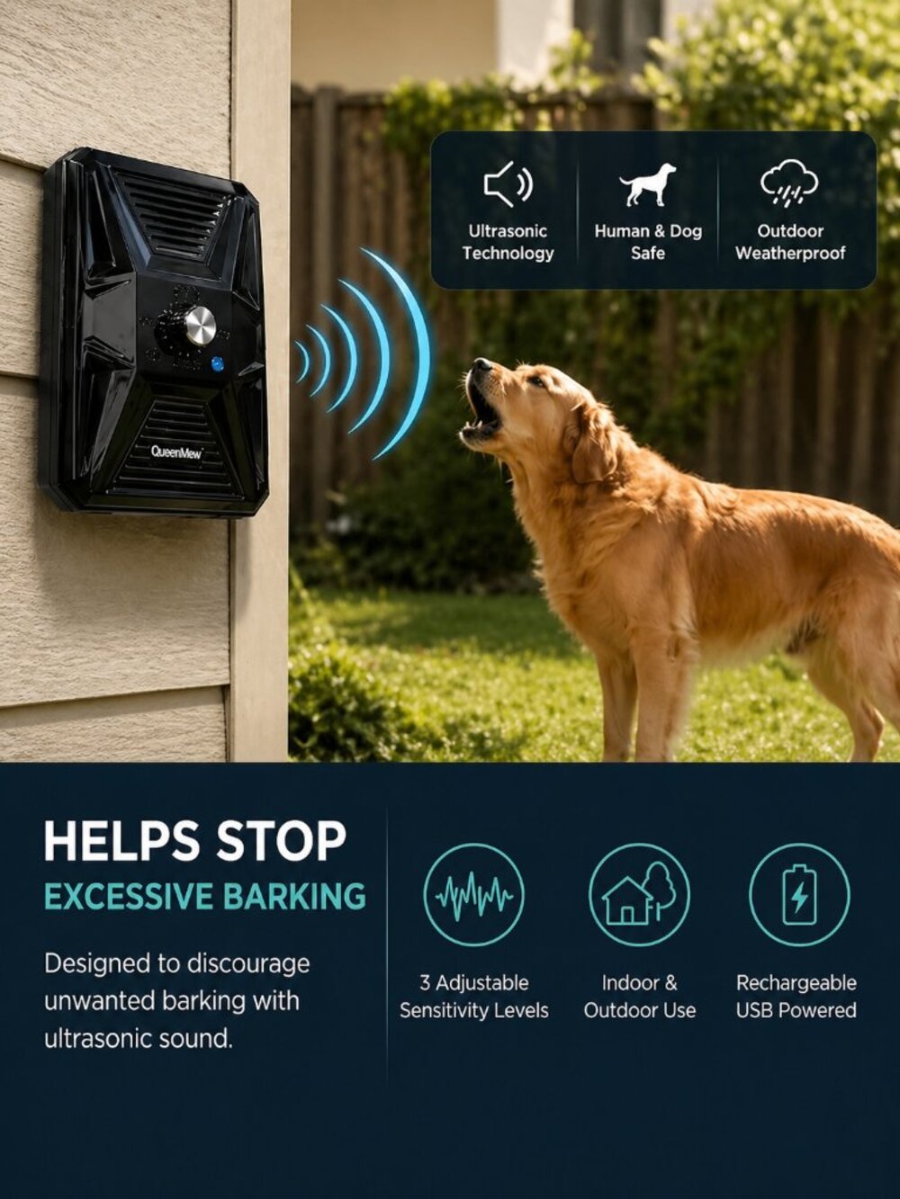 QueenMew Ultrasonic Bark Control Device - Black New